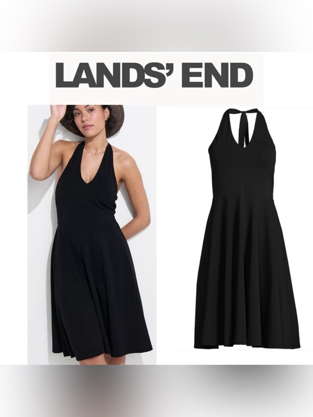 NWT Lands' End Black Halter Midi Dress with Flared Skirt Size M 10-12